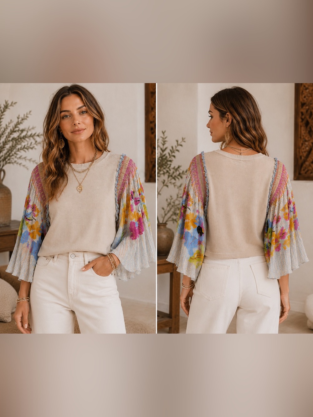 BL^NK Floral Bell Sleeve Metallic Knit Sweater Top Large Boho Anthropologie
